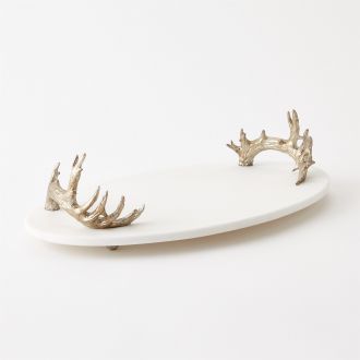 White Marble Platter with Reindeer Antler Handles-Silver
